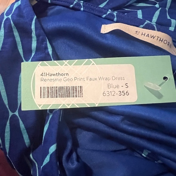 41 Hawthorn Women Small Blue Geometric  Faux Wrap Tie Belt Midi‎ Stretch Dress - Picture 5 of 5